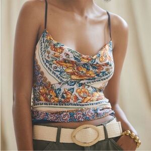 Anthropologie Multicolor Floral Open Back Boho Satin Camisole